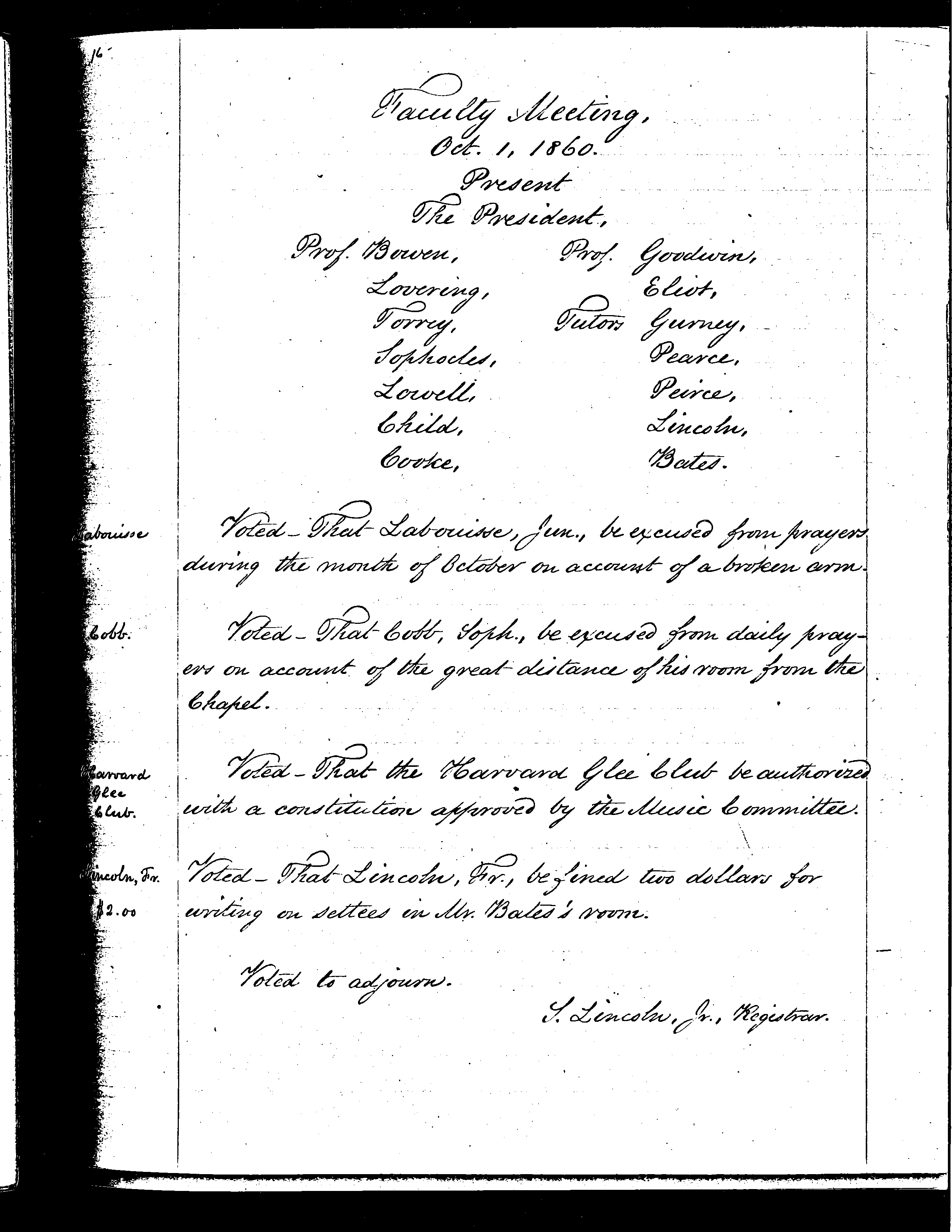 Handwritten Harvard College Faculty Meeting minutes, October 1, 1860, including the vote fining Lincoln, Freshman, two dollars for writing on settees in Mr. Bates's room